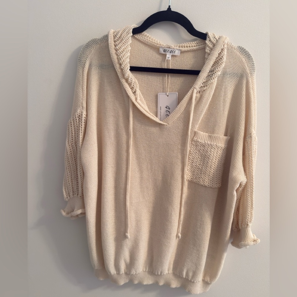 Relaxed V-Neck Hoodie Sweater in Cream by Beloved
